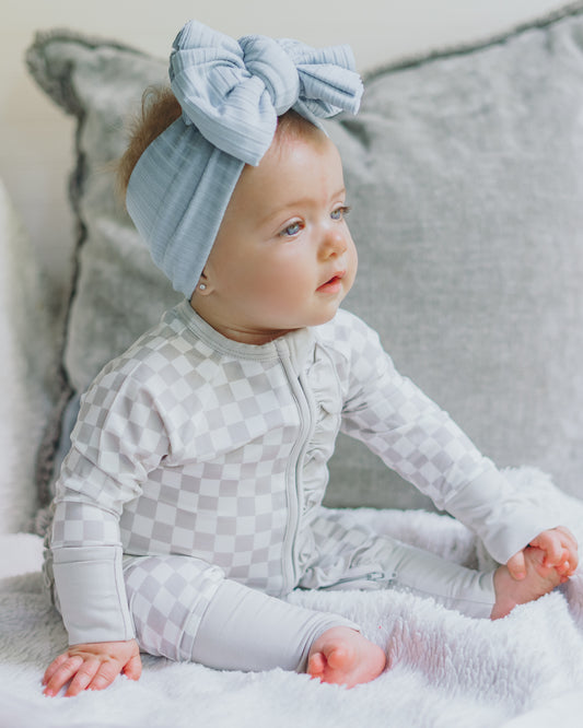 Gray and White Fully Checked Out Ruffle Footie Snoozer