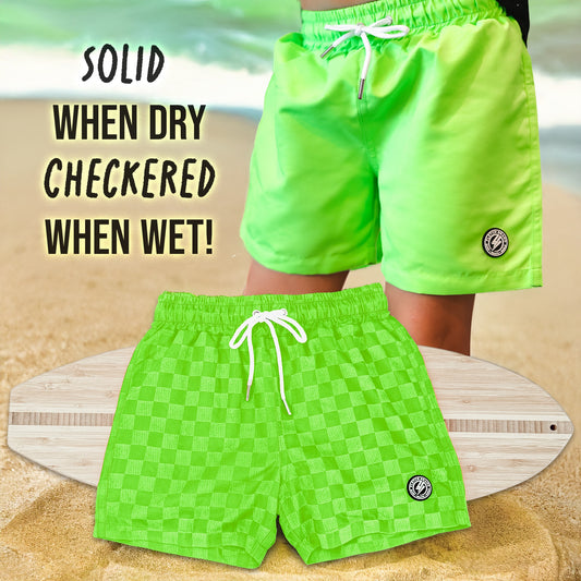 Neon Green Checker Swim Trunks