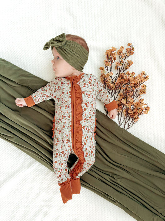 Fall Floral Ribbed Ruffle Footie Snoozer